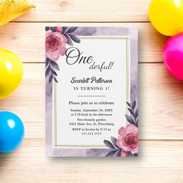 Invitación Floral romántica de acuarela rústica primer cumple (Subido por el creador)