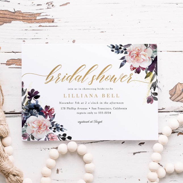 Invitación Floral Romántica Oro Elegante Script Bridal Shower (Subido por el creador)
