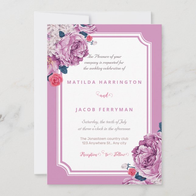 Invitación Floral romántica y elegante pastoral púrpura (Anverso)