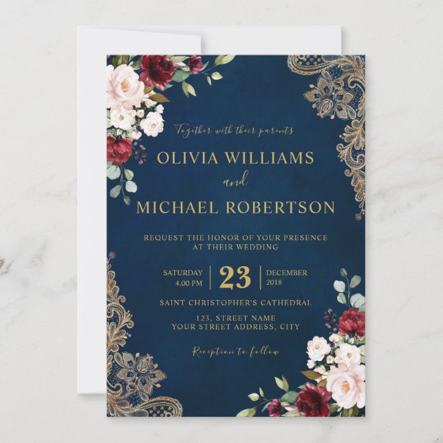 Invitación Floral Romántico Acuarela Burgundy Rojo Azul Oro (Anverso)