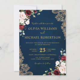 Invitación Floral Romántico Acuarela Burgundy Rojo Azul Oro