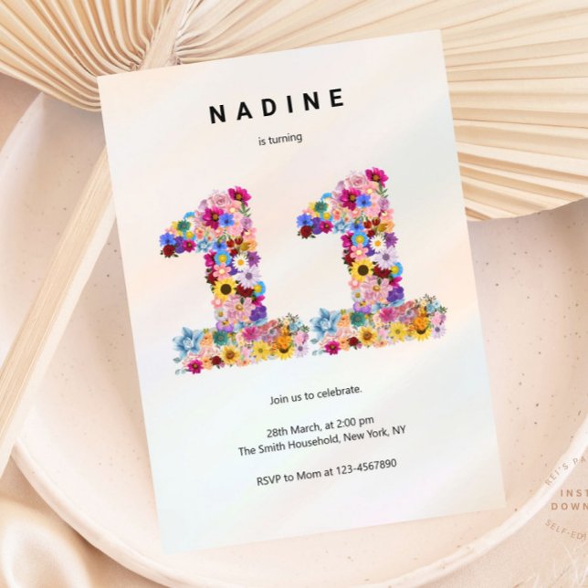 Invitación Floral rosa 11º cumpleaños Jardín Flor salvaje pri (Subido por el creador)