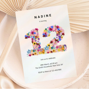 Invitación Floral rosa 12º cumpleaños Jardín Flor salvaje pri