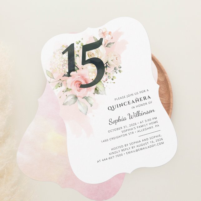 Invitación Floral rosa 15 cumpleaños Quinceanera Fiesta (Floral Quinceanera 15th Birthday Party Invitation)