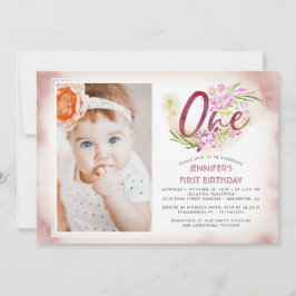 Invitación Floral rosa 1er cumpleaños foto