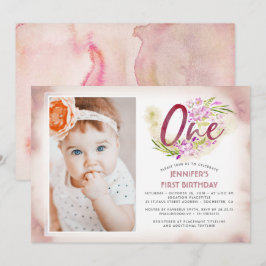 Invitación Floral rosa 1er cumpleaños foto