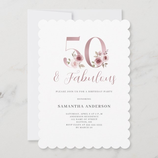 Invitación Floral rosa 50 cumpleaños fabuloso (Anverso)