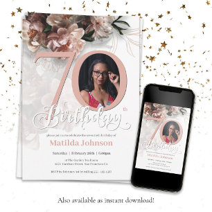 Invitación Floral Rosa 70º cumpleaños Personalizado elegante 