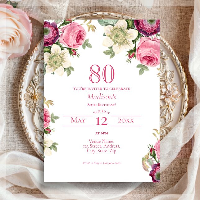 Invitación Floral rosa | 80 cumpleaños (Subido por el creador)