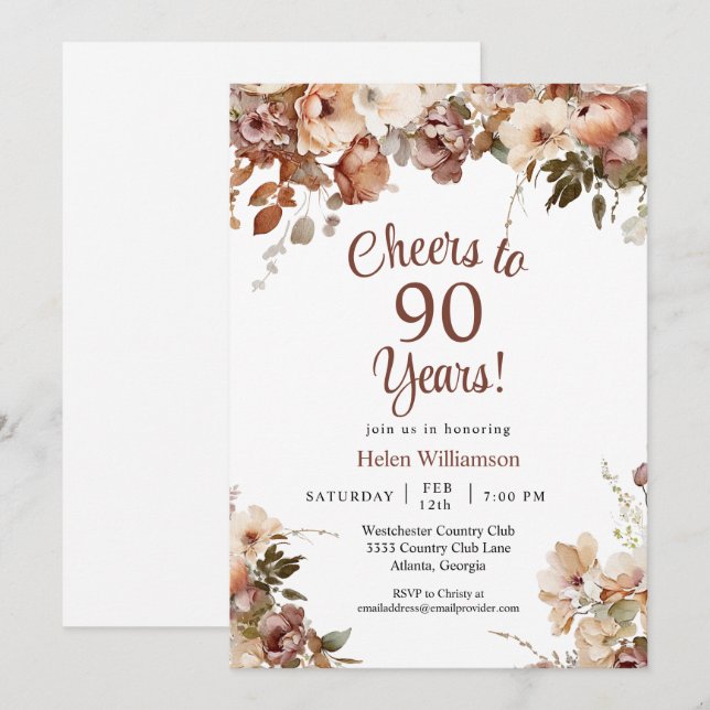 Invitación Floral rosa 90 años de alegría por 90 años (Anverso / Reverso)