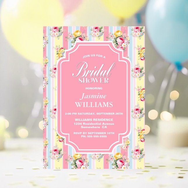 Invitación Floral rosa a rayas ducha de novia (Subido por el creador)