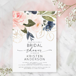 Invitación Floral rosa acuarela dorada ducha de novia