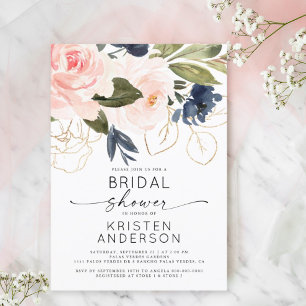 Invitación Floral rosa acuarela dorada ducha de novia