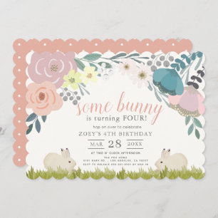 Invitación Floral rosa algunos conejitos Chicas cumpleaños