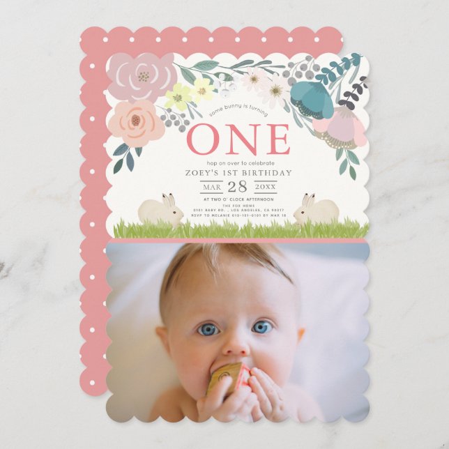 Invitación Floral rosa algunos conejitos Chicas del primer cu (Anverso / Reverso)