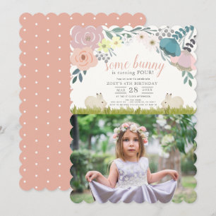 Invitación Floral rosa algunos conejitos Chicas foto cumpleañ