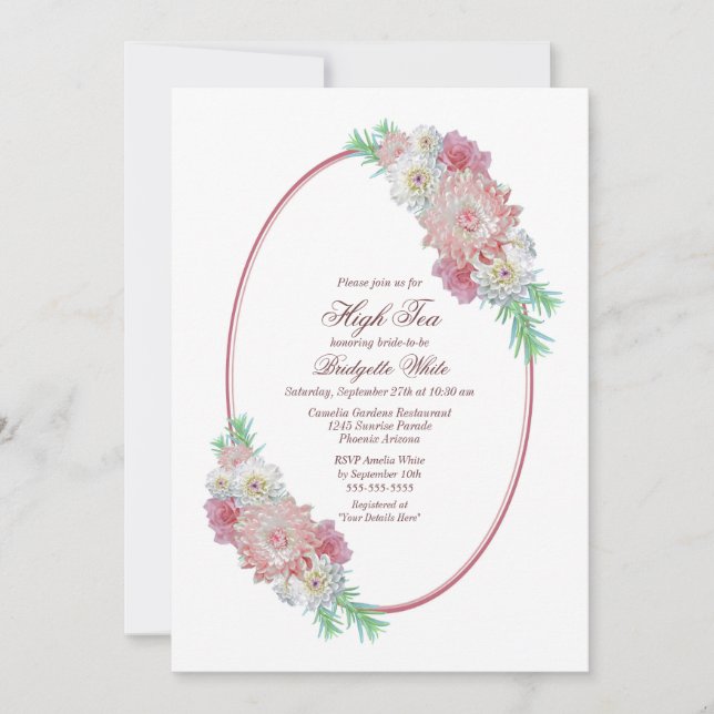 Invitación Floral rosa alta ducha de novia de té (Anverso)