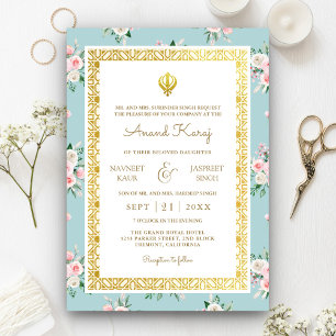 Invitación Floral rosa azul Anand Karaj Punjabi Sikh Boda