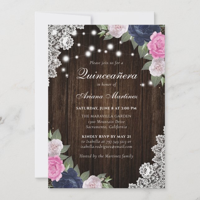 Invitación Floral rosa azul de la marina rusa Rubor Quinceañe (Anverso)