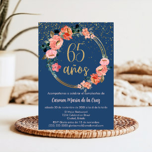 Invitación Floral rosa azul dorado español 65 cumpleaños