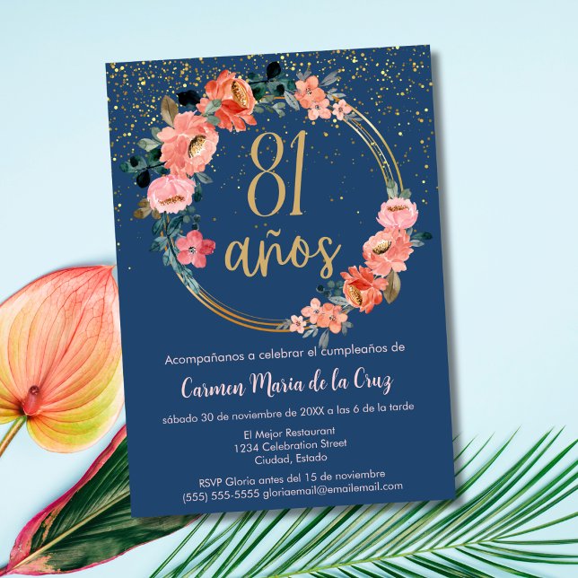 Invitación Floral rosa azul elegante española 81º cumpleaños (Subido por el creador)