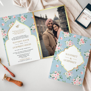 Invitación Floral rosa azul en un Boda de Anand Karaj