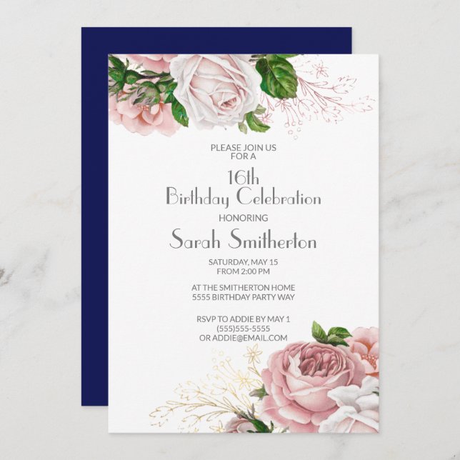 Invitación Floral rosa azul marino 16 cumpleaños (Anverso / Reverso)