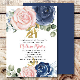 Invitación Floral rosa azul marino 21 cumpleaños