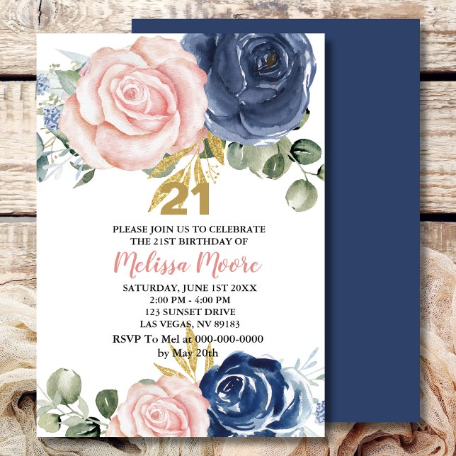 Invitación Floral rosa azul marino 21 cumpleaños (Subido por el creador)
