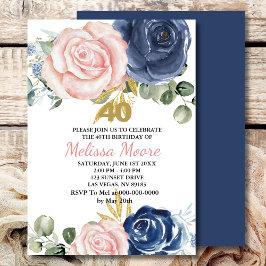 Invitación Floral rosa azul marino 40 cumpleaños