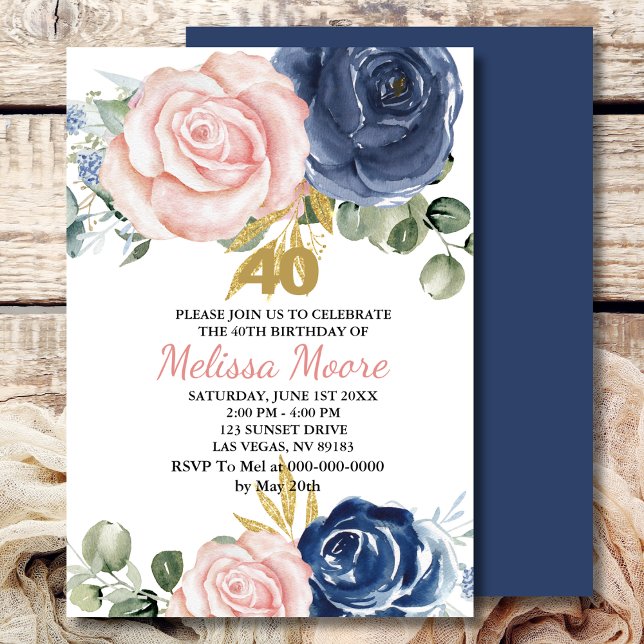 Invitación Floral rosa azul marino 40 cumpleaños (Subido por el creador)