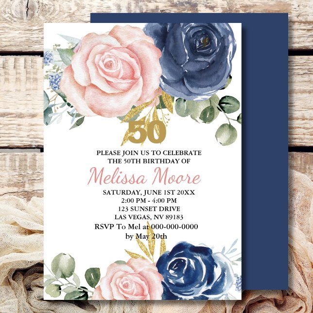 Invitación Floral rosa azul marino 50 cumpleaños (Subido por el creador)