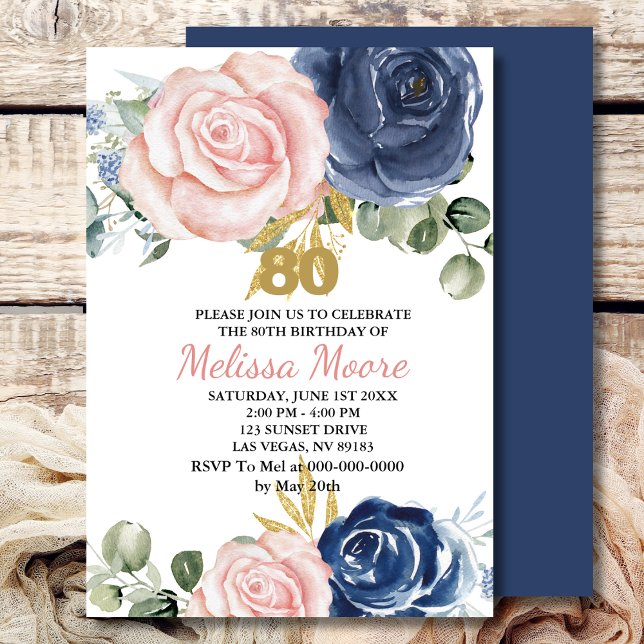 Invitación Floral rosa azul marino 80 cumpleaños (Subido por el creador)