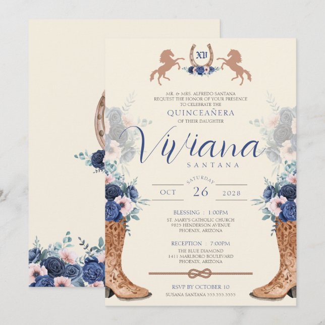 Invitación Floral rosa azul marino Charro Occidental Quincean (Anverso / Reverso)