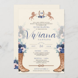 Invitación Floral rosa azul marino Charro Occidental Quincean