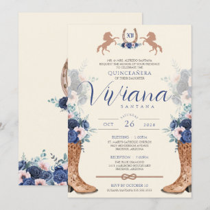 Invitación Floral rosa azul marino Charro Occidental Quincean