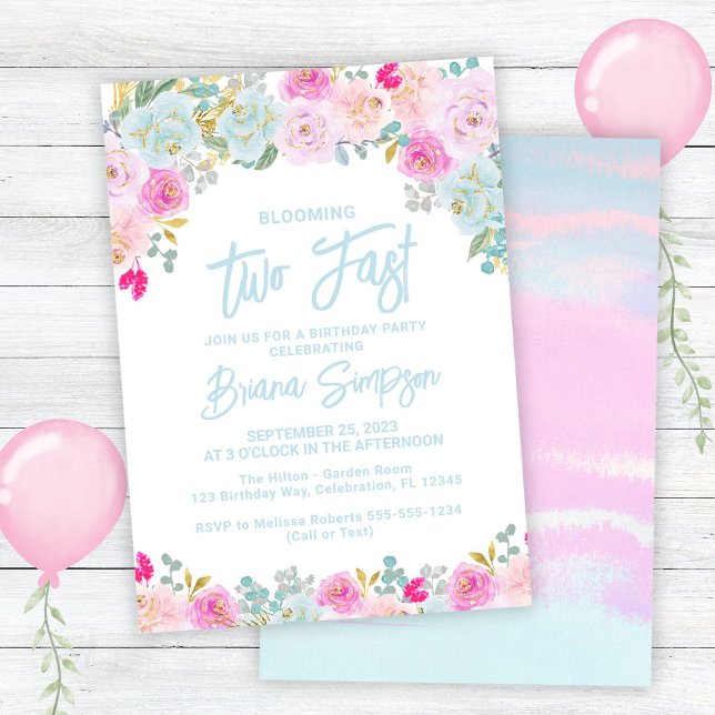 Invitación Floral rosa azul muy rápido cumpleaños (Subido por el creador)
