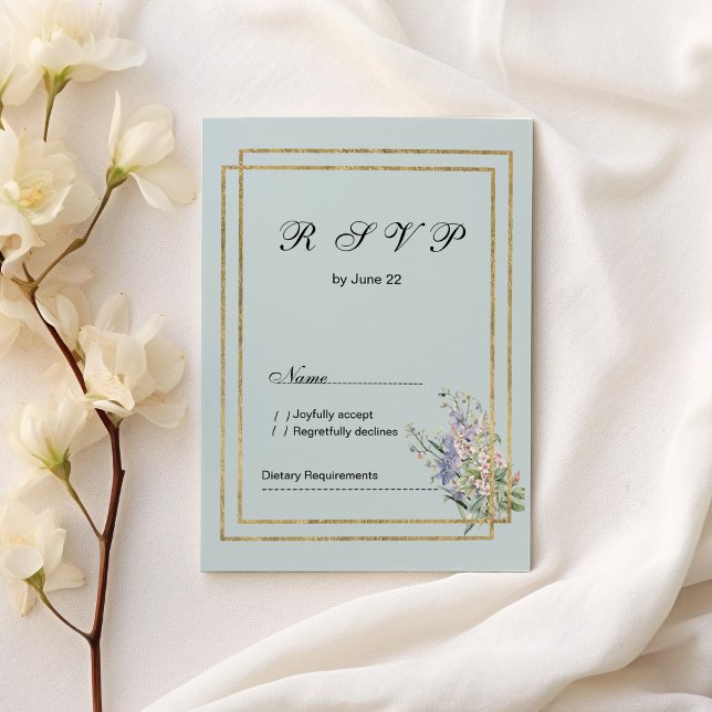 Invitación Floral rosa azul pastel y lavanda dorada RSVP (Pastel blue and gold lavender pink floral RSVP )