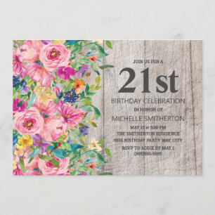 Invitación Floral rosa azul rástica Madera 21 Fiesta de cumpl