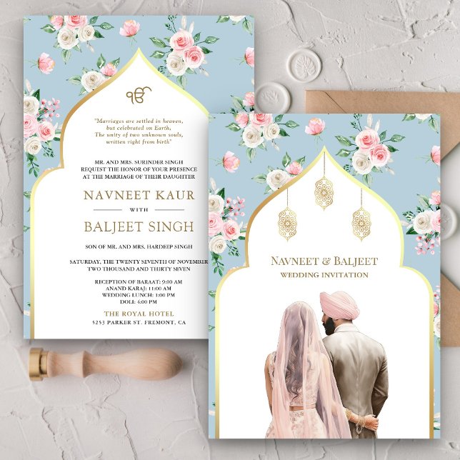 Invitación Floral rosa azul suave Anand Karaj Sikh Boda (Subido por el creador)