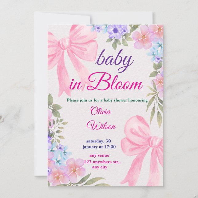 Invitación floral rosa Baby In Bloom  (Anverso)