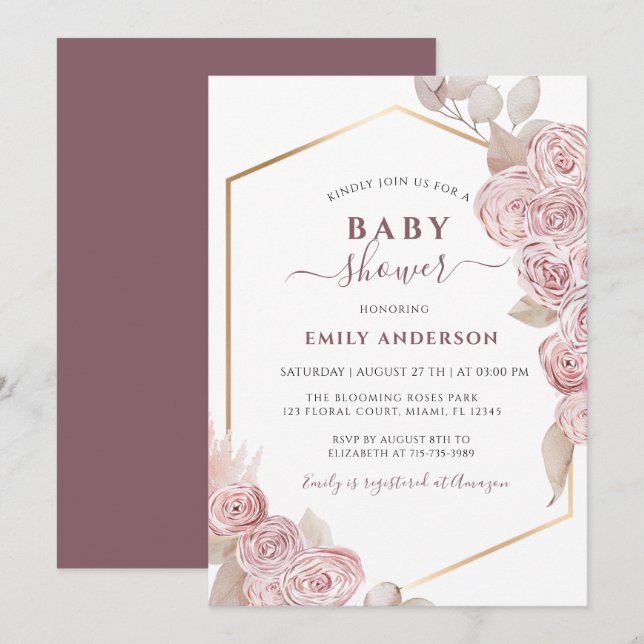 Invitación  Floral rosa Baby Shower Rubor y dorado  (Anverso / Reverso)