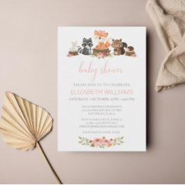 Invitación Floral rosa Baby Shower Woodland Forest Animals