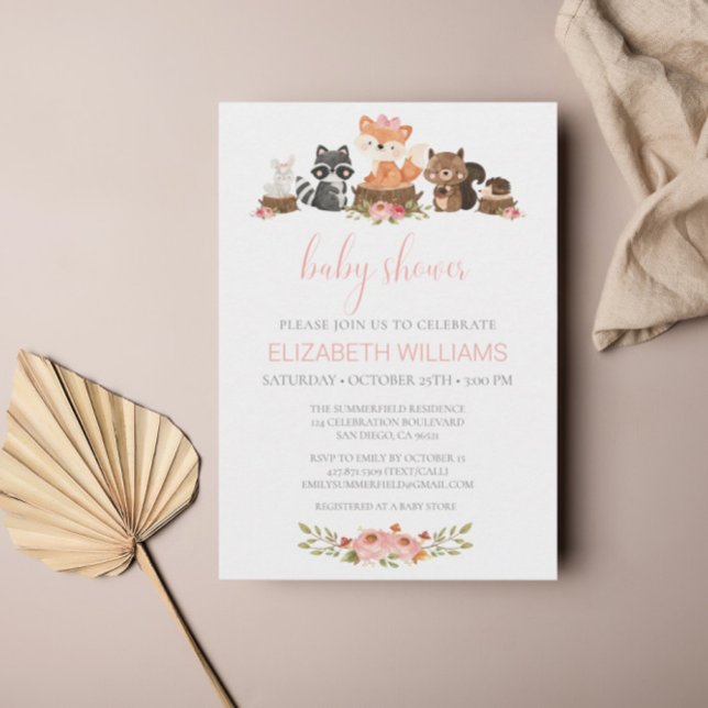 Invitación Floral rosa Baby Shower Woodland Forest Animals (Subido por el creador)