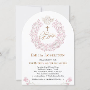 Invitación Floral Rosa Bebé Ángel Cruce Baptismo