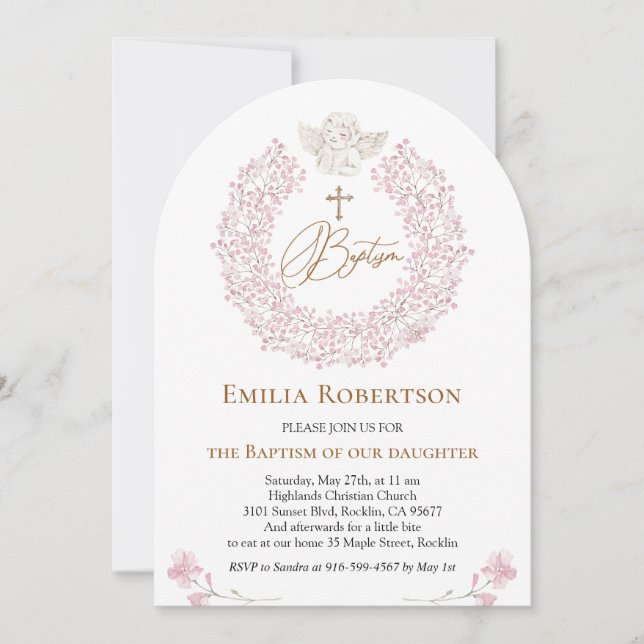 Invitación Floral Rosa Bebé Ángel Cruce Baptismo (Anverso)