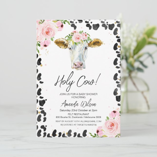 Invitación Floral rosa Black Cow Print Holy Cow Baby Shower (Anverso de pie)