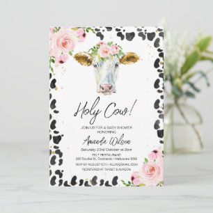 Invitación Floral rosa Black Cow Print Holy Cow Baby Shower
