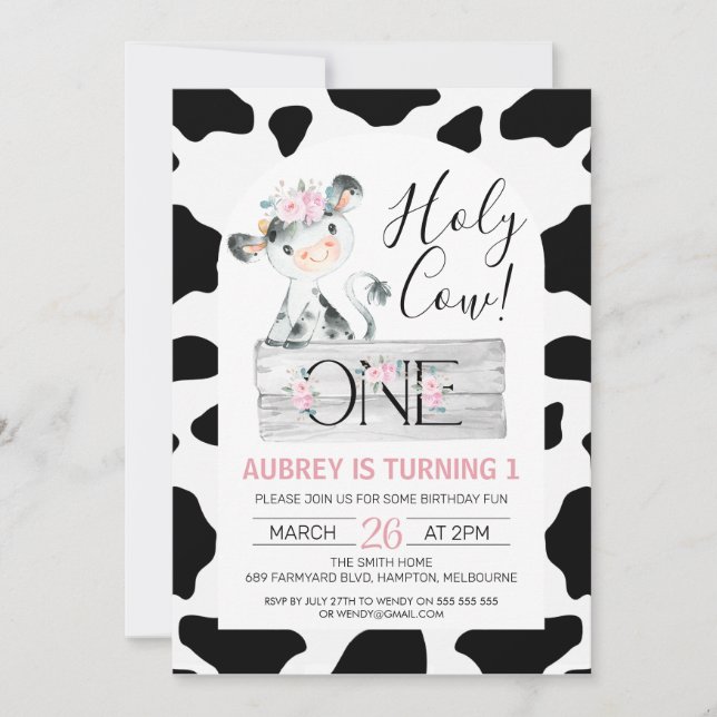 Invitación Floral rosa Black White Cow Imprimir primer cumple (Anverso)