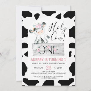 Invitación Floral rosa Black White Cow Imprimir primer cumple